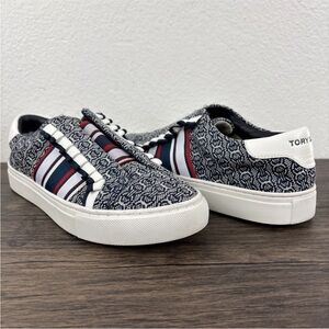 Tory Burch Sport Slip On Ruffle Sneaker Navy Gemini Link Jacquard 8 Gently Worn